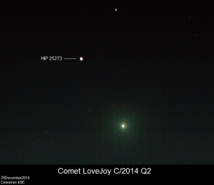 Comet Lovejoy (C/2014 Q2) taken by Me and my wife on 28Dec2014 Near Star labeled.